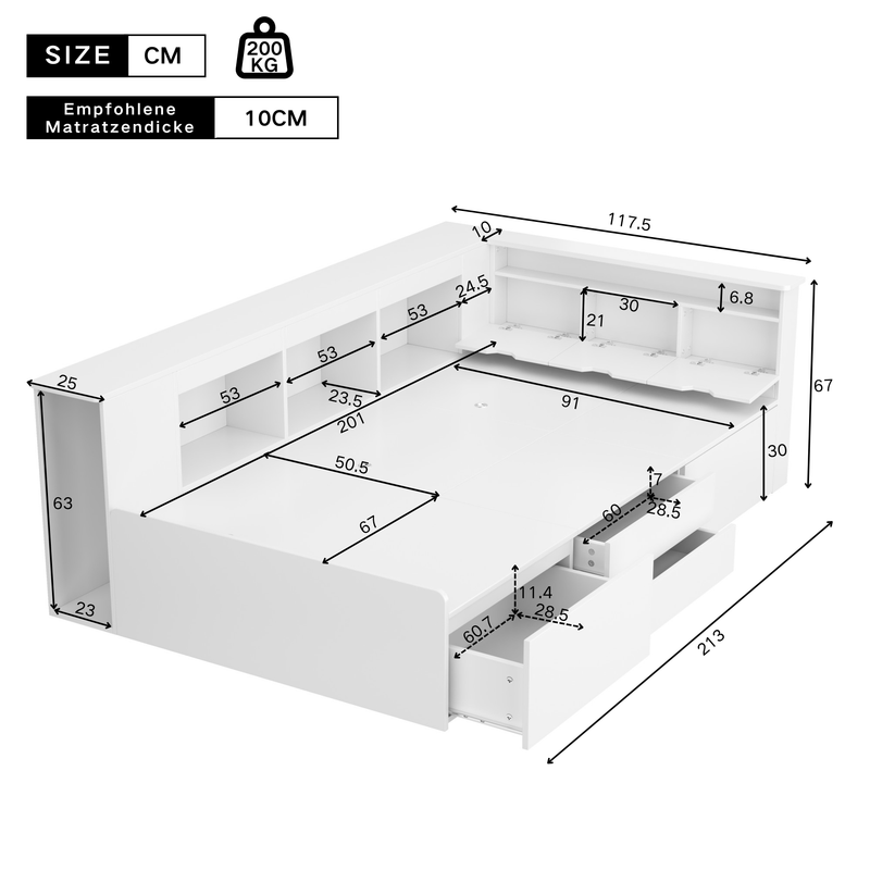 Lit enfant 90 x 200 cm, lit simple multifonction avec tiroirs de rangement, bibliothèque, armoire de rangement et compartiment de rangement sous le siège, blanc, matelas non inclus._voghion.com