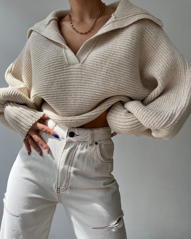 Abbigliamento donna autunno e inverno stile caldo pigro sciolto maniche a lanterna collo aperto pullover maglione corto da donna_voghion.com