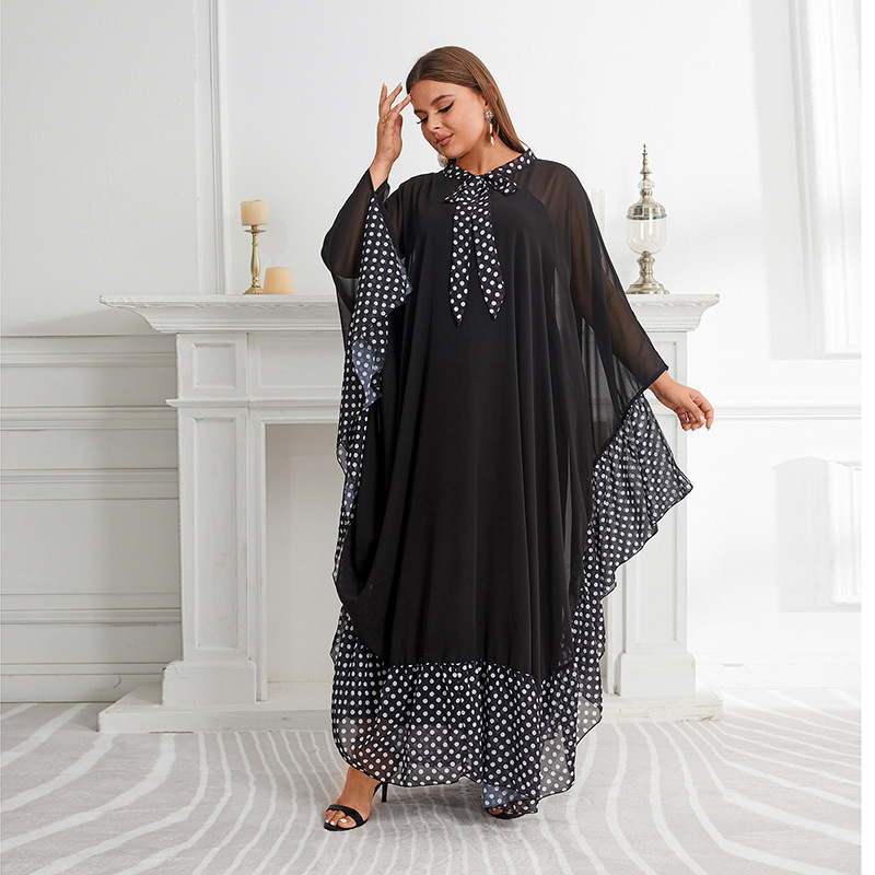 Camisa holgada de murciélago de talla grande para mujer con vestido burqa tipo bata a juego con estampado de lunares y lazo_voghion.com