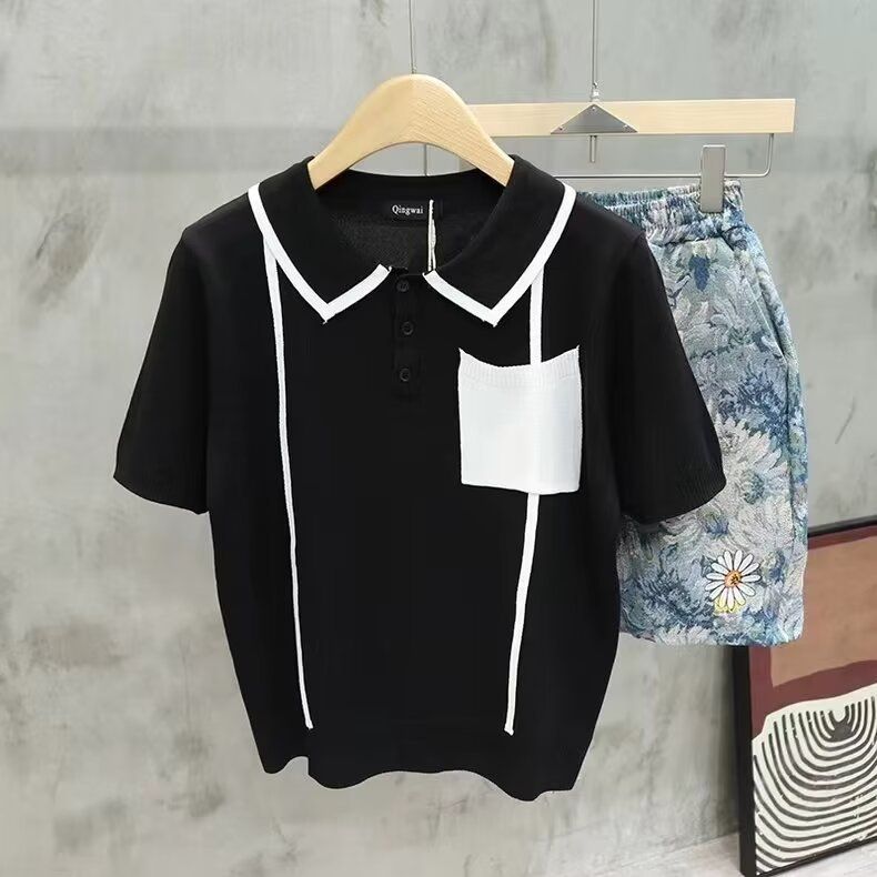 Polo estiva a righe da uomo, versatile, in seta ghiacciata fresca e a maniche corte, semplice e alla moda, con scollo rotondo._voghion.com