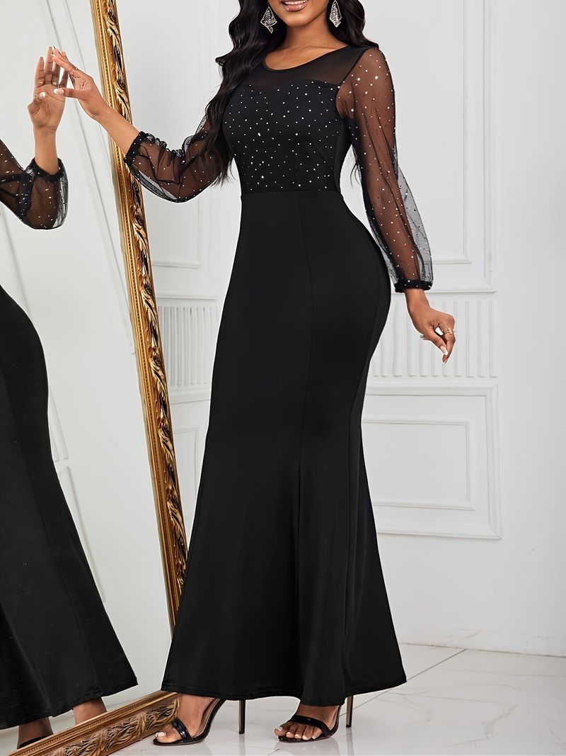 Elegant Women's Dress, Solid Color Mesh Sequin Splicing, High Waist Long Slim Evening Gown Christmas Thanksgiving Halloween Valentine's Day_voghion.com