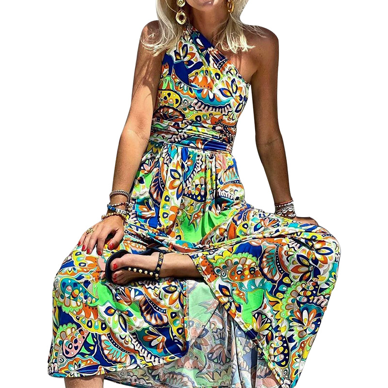 Damenbekleidung, bedrucktes Bohemian-Langkleid mit One-Shoulder-Ärmeln_voghion.com