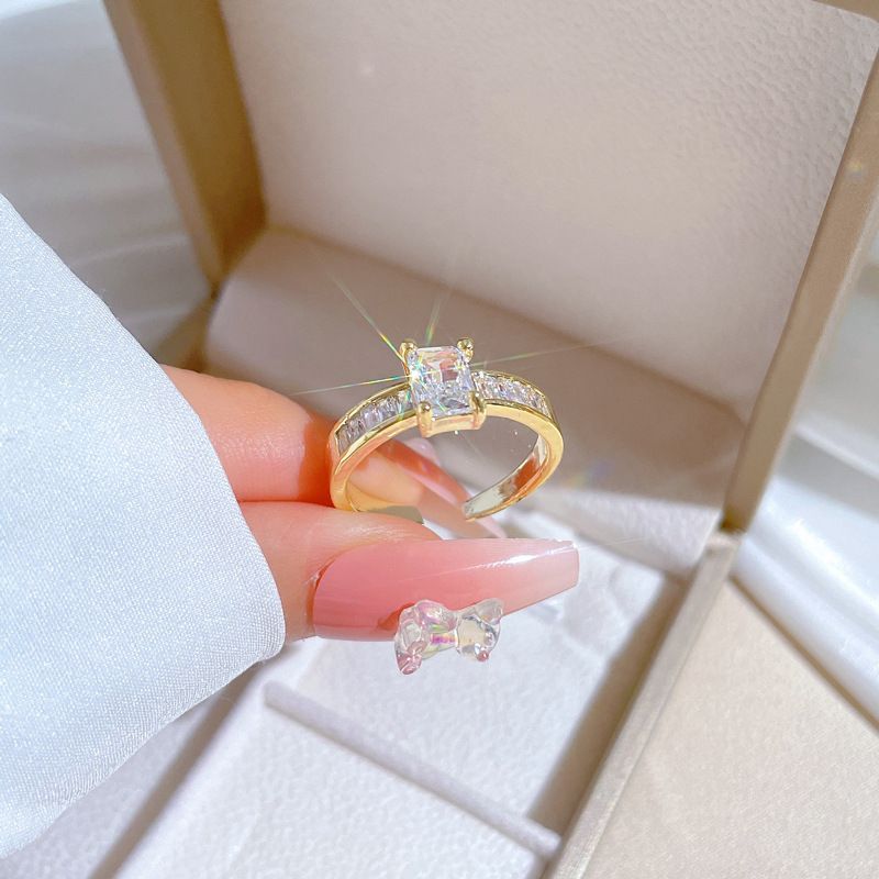 【 Oro vero 】 Anello da sposa con diamanti quadrati e zirconi pieni con apertura regolabile, anello semplice fatto a mano, anello di coppia_voghion.com
