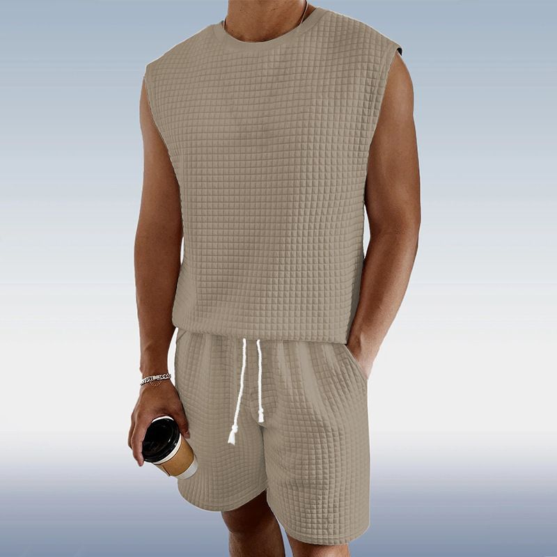 New Men's Sportswear Summer Leisure Suit Small Square Sleeveless Undershirt Shorts Suit_voghion.com