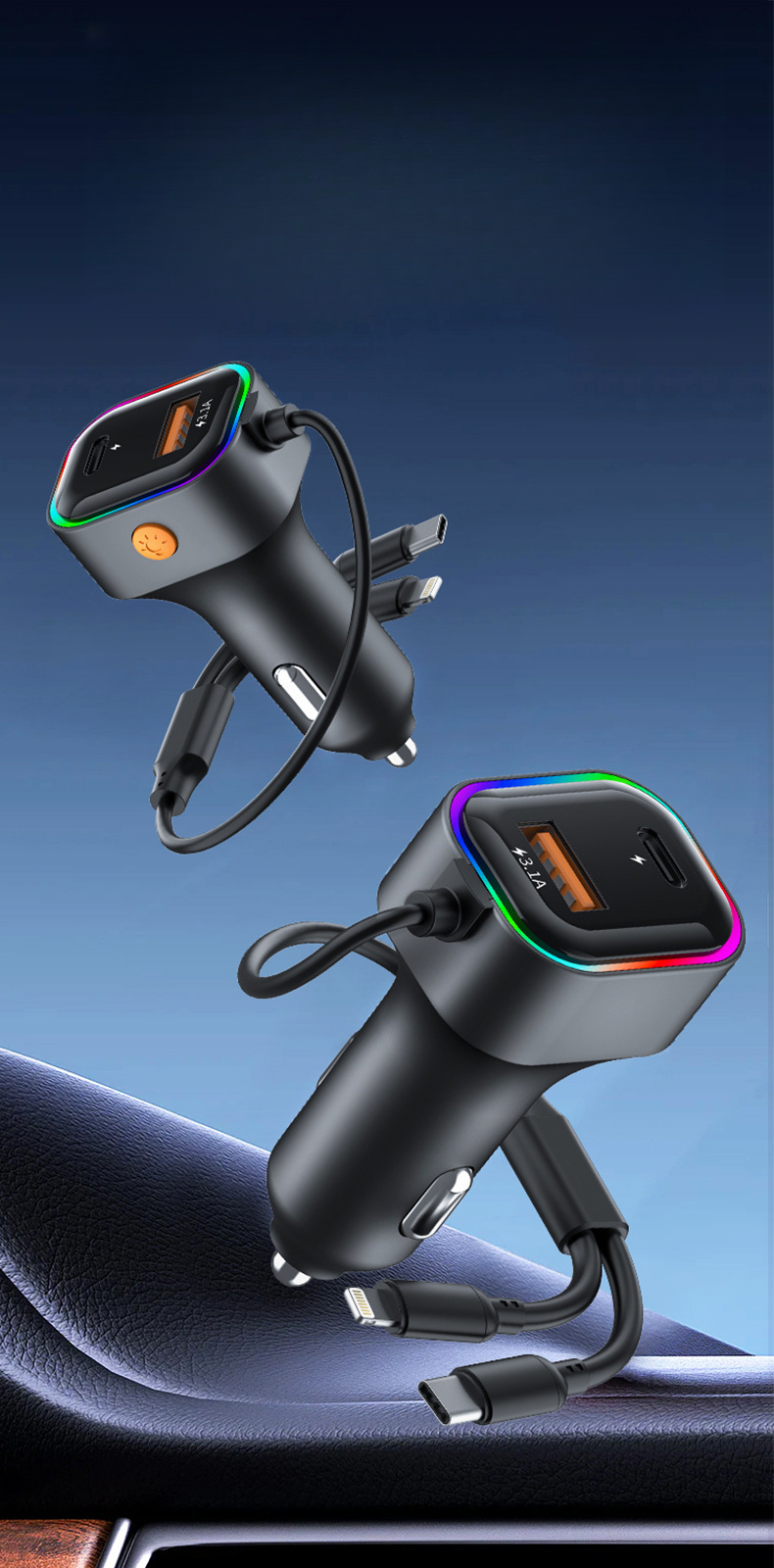 USB Eins Zu Zwei Mit Kabel Ladegerät, Multifunktionale Auto Telefon Ladegerät_voghion.com