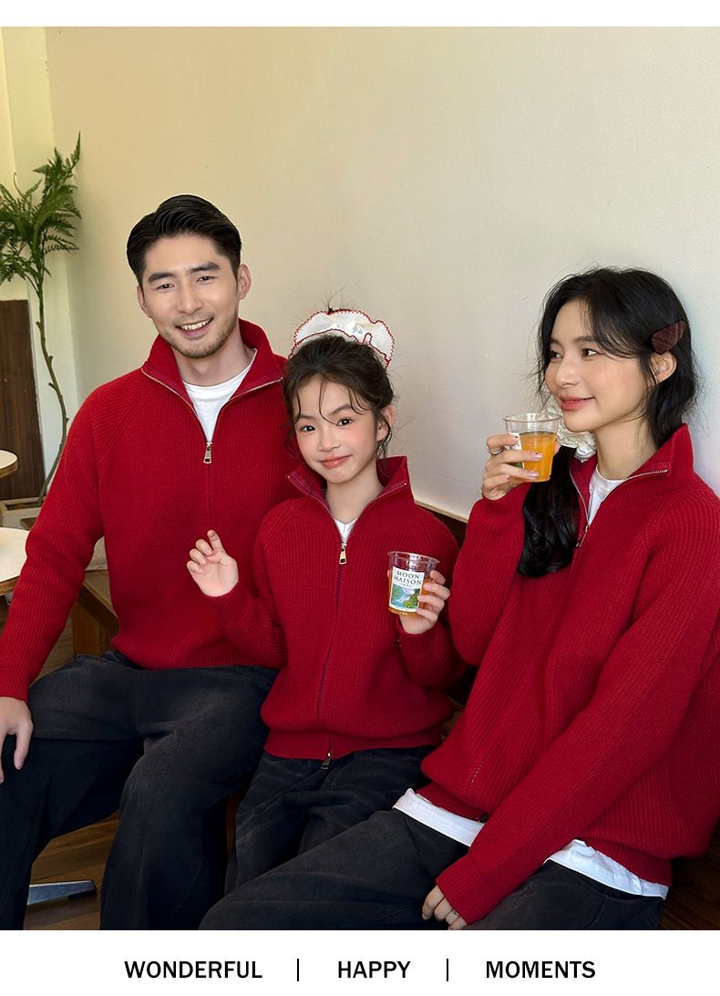 Trendy High-Neck Zip-Up Sweater Set – Matching Family Outfits For Lunar New Year & Christmas (80cm-XXL, Festive Red)_voghion.com