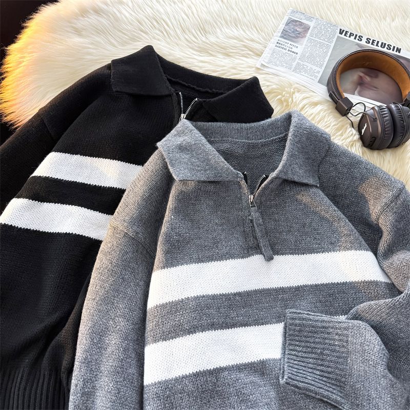 Maglione da uomo con zip a righe color-block – Pullover in maglia con collo polo per inverno e autunno (M-2XL, 60% poliestere, vestibilità ampia, abbigliamento casual da strada)_voghion.com