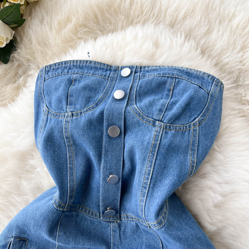 Moteriški vintažinio stiliaus darbo drabužiai Smocked Jumpsuit Džinsai plačiomis kojomis_voghion.com