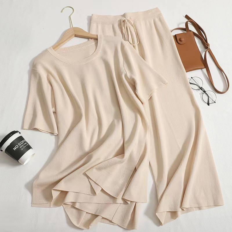 Damesgebreid pak, gebreide trui met losse split, tweedelige set, rechte casual broek met hoge taille_voghion.com