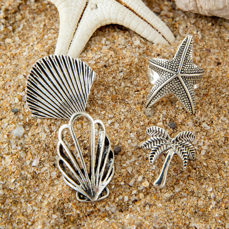 Exaggerated Starfish Scallop Fashionable And Unique Coconut Tree Ring Four-Piece Set_voghion.com