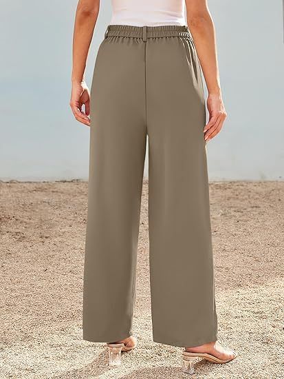 Calça social feminina de cintura alta e pernas largas para trabalho e escritório - Calças casuais confortáveis para negócios com bolsos, tecido de poliéster, sem elasticidade_voghion.com