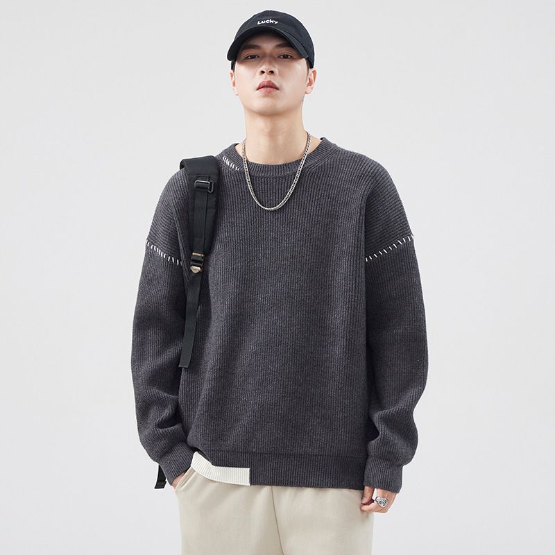 Grau High-End-Pullover für Männer Neue Herbst Winter Patchwork Warm Lose Rundhals Pullover Strickwaren_voghion.com