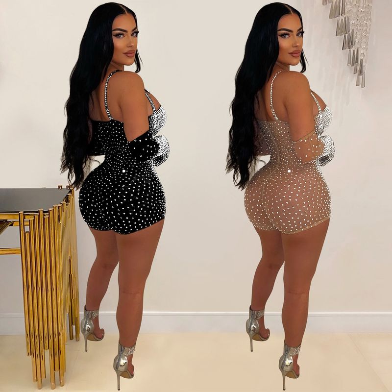 Women's Clothing Fashion women's solid color gauze press drill through shorts jumpsuit_voghion.com