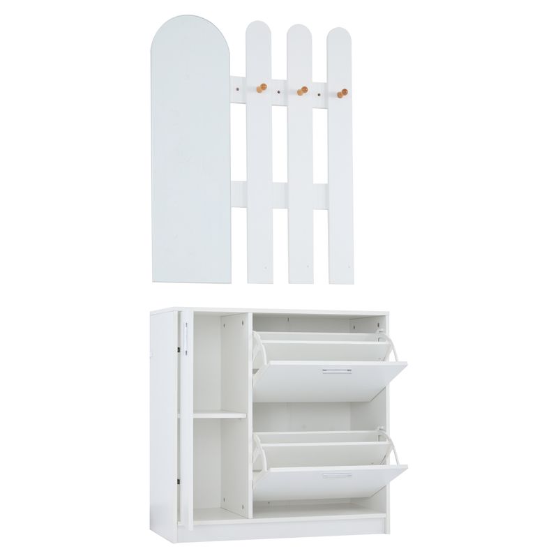 Meuble à chaussures avec portes battantes et coulissantes, rangement d'entrée avec miroir et crochets, étagère à chaussures blanche pour petits couloirs, rangement de salon_voghion.com