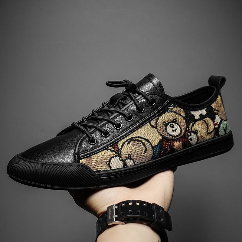 Nova tendência versátil baixo top board estudante sola macia couro genuíno preto sapatos casuais_voghion.com