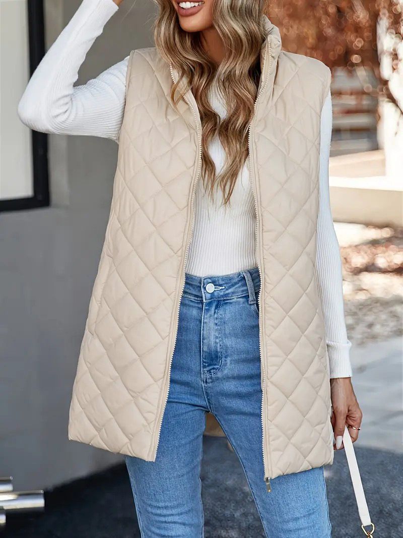Damenbekleidung, dünn, warm, leicht, warm, gesteppter Westemantel mit Kapuze – lange ärmellose Jacke für lässige Outfits (Schwarz, Beige)_voghion.com