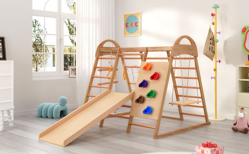 Cassettiera multifunzione 7 in 1 con Schaukel, Rutsche, Kletternetz e Klettersteinen_voghion.com