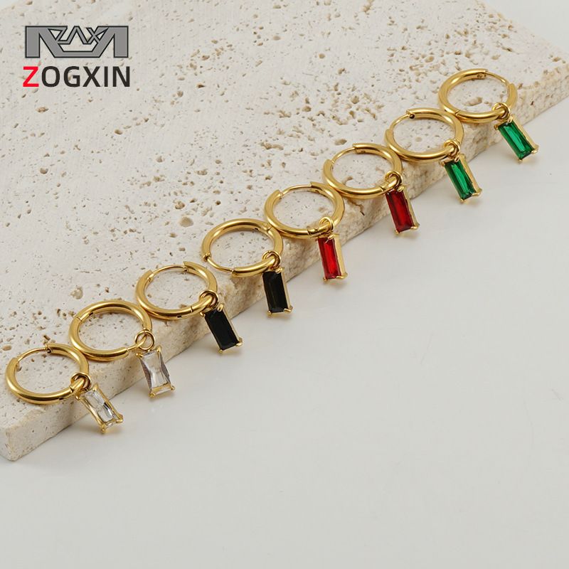 Ins Style Stainless Hoop Simple Versatile Square Zircon Gold Titanium Steel Earrings_voghion.com
