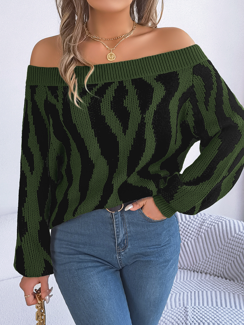 2023 Herbst Winter Casual Color-Block Off-Shoulder Laterne Ärmel Pullover Damenmode_voghion.com