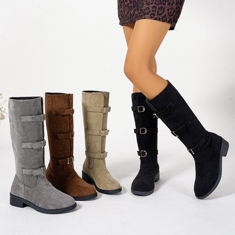 Bottes hautes à talon épais pour femme, mollet large, avec boucle et effet froissé - Daim souple et cuir véritable - Bottes à bout rond et talon mi-haut_voghion.com