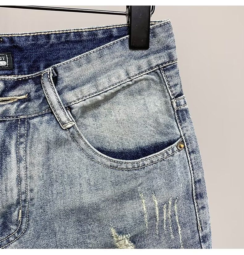 Pantaloncini estivi in denim sottile, buchi di personalità da uomo, vestibilità slim con patchwork, pantaloni a cinque pezzi, marchio, coreano versatile_voghion.com