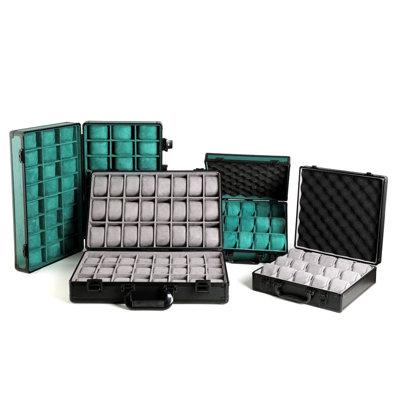 Hochwertige Uhrenbox aus Aluminiumlegierung mit Sichtfenster – Luxuriöses Uhren-Etui mit 24 Fächern, doppelter Öffnung, Innenausstattung aus grünem Samt_voghion.com