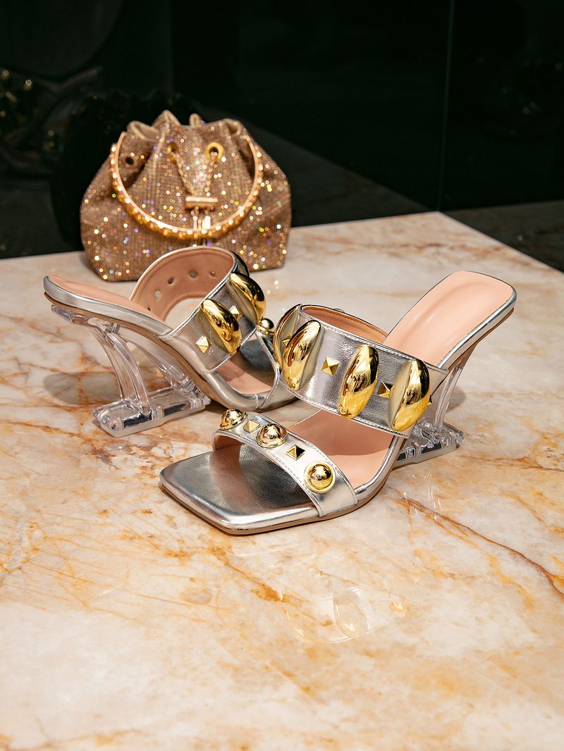 Sandálias de salto alto prateadas elegantes para mulheres - Sapatos de verão sem cadarço com tiras de fivela metálica e bico aberto_voghion.com