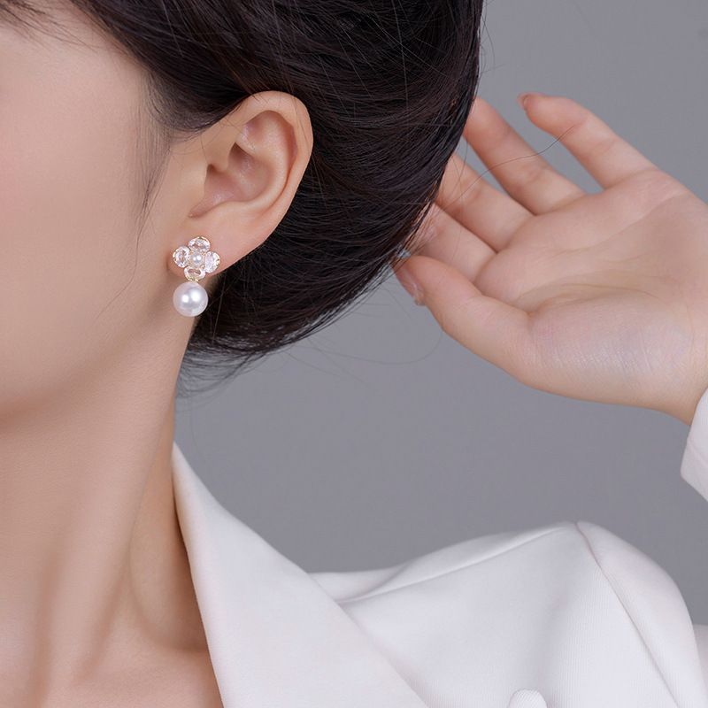 Ohrringe Damen Goldene Edelsteinperlenohrringe S Silbernadel Mode Einfache Eingelegte Diamantblume Perlennische Leichtes Luxusdesign Sanfte Vielseitige Ohrringe_voghion.com