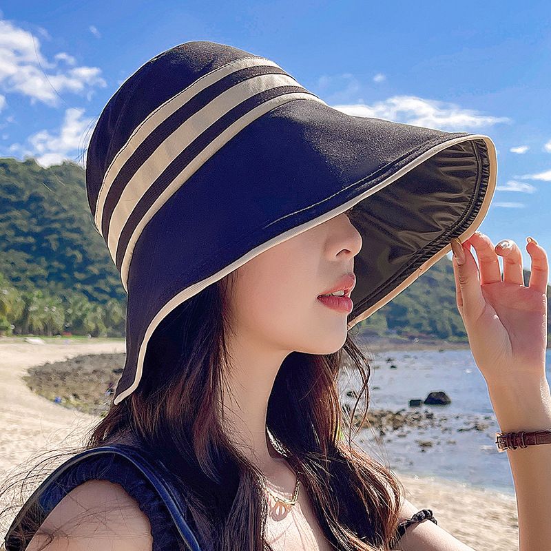 Fashion Summer Black Vinyl Sun Women Stripe Wide Brim UV Protection Bucket Hat Foldable Outdoor Beach Ladies Empty Top Sunscreen_voghion.com