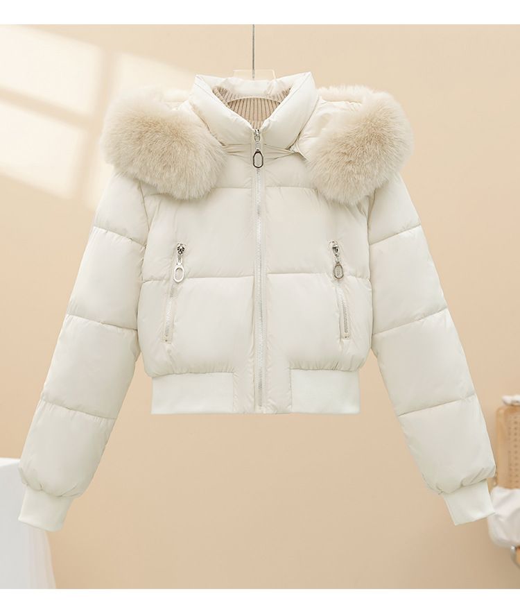 Dicke, kurze Pufferjacke für Damen mit Kunstpelzkapuze – warmer Wintermantel, schmale Passform, Taillenbetonung, Polyester-Außenmaterial, Kaninchenfellbesatz, lässige Oberbekleidung_voghion.com