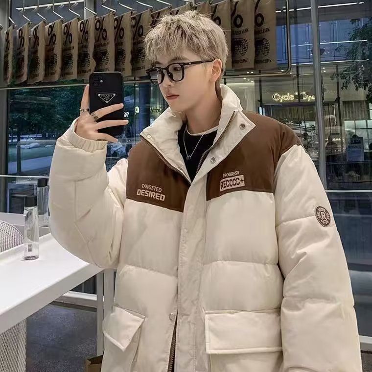 Piumino invernale da uomo, stile americano, spesso, caldo e alla moda, con colletto rialzato, in cotone, stile coppia, color-block_voghion.com