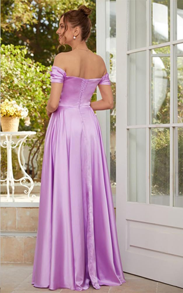 Abito da damigella d'onore in raso con spalle scoperte Abito da sposa lungo con volant e linea ad A con corpetto formale da ballo con spacco_voghion.com