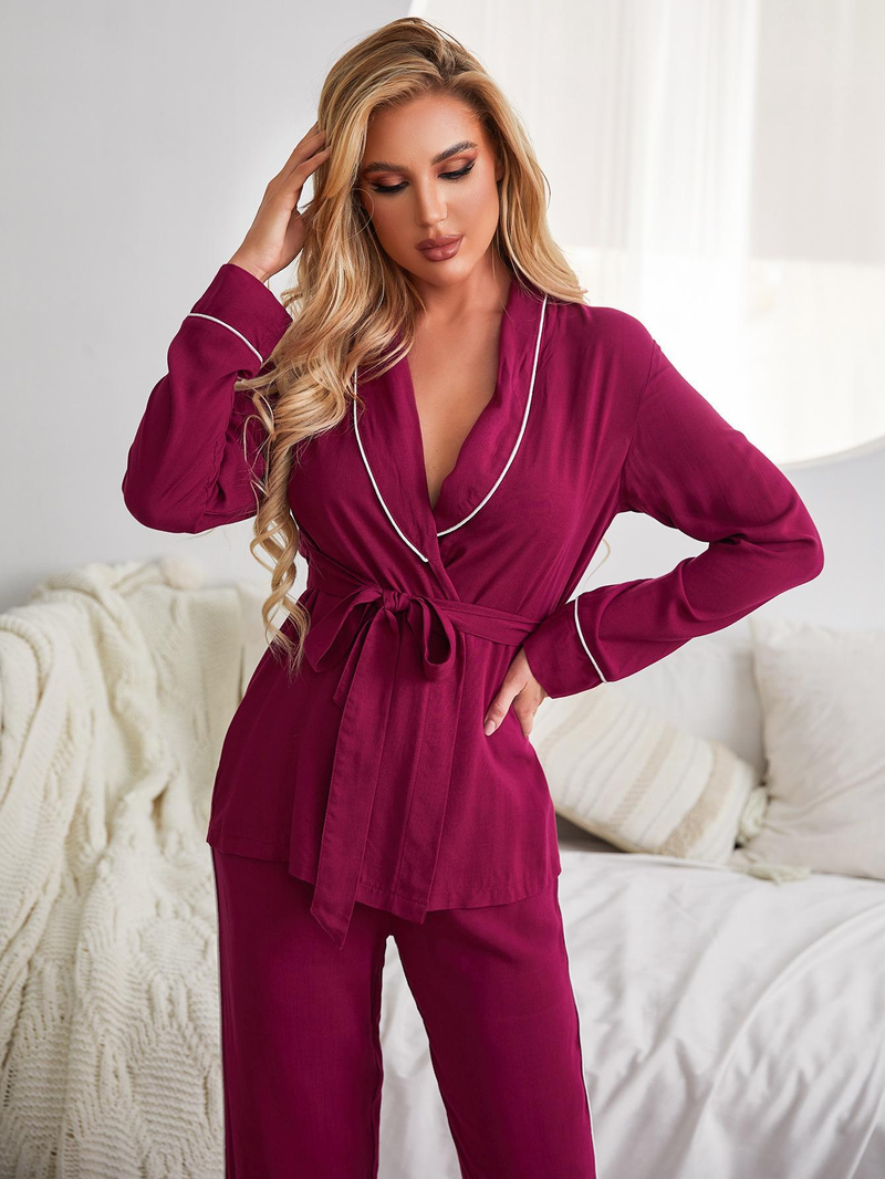 Dametøj pyjamas til kvinder rød langærmet cardigan pyjamas til kvinder derhjemme og kan bæres udenfor_voghion.com