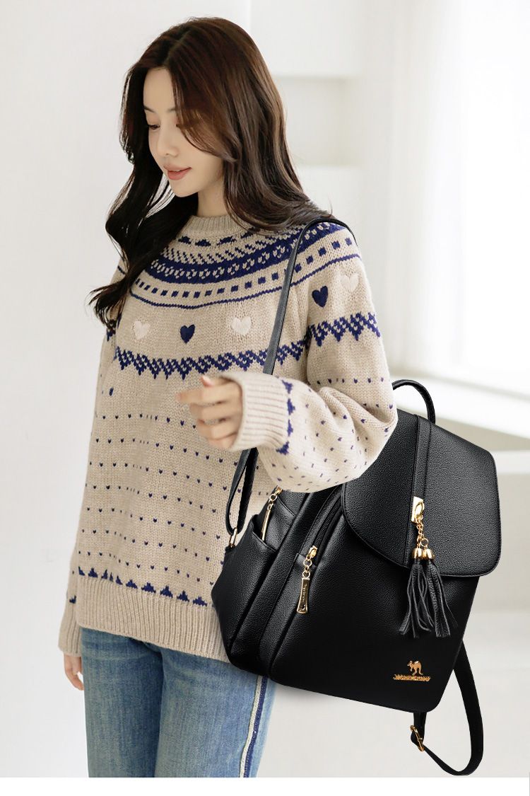 2024 New Genuine Leather Texture Women's Fashion Versatile Tassel Travel Bag Large Capacity Atmospheric Student Backpack_voghion.com