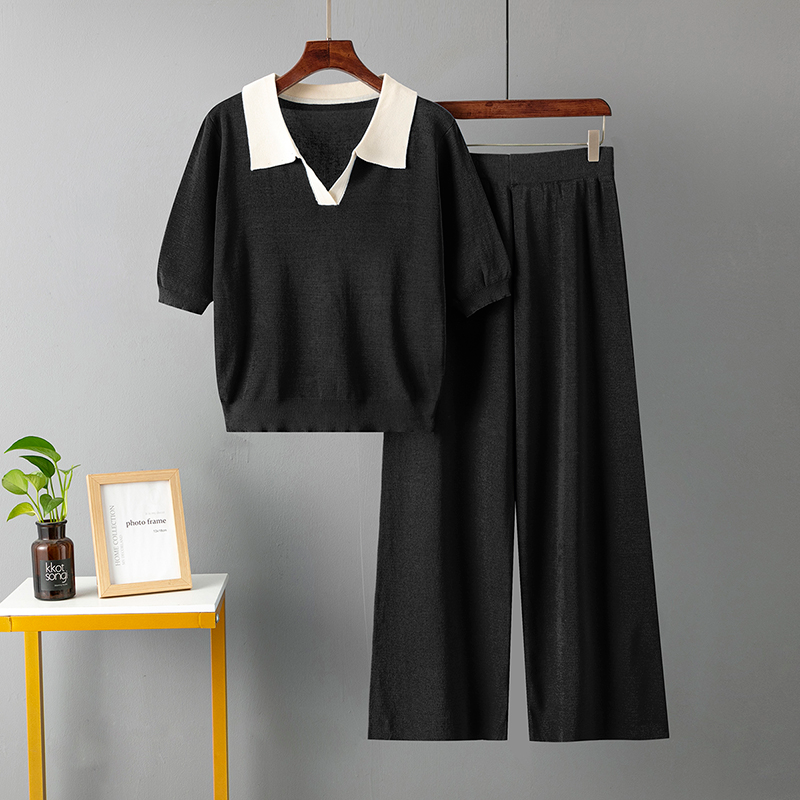 Nuovi set Pama autunnali per donna colletto polo manica corta maglia top maglione vita alta pantaloni a gamba larga set due pezzi_voghion.com