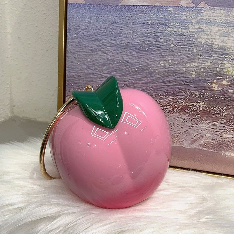 Niedliche kreative Kaki-Pfirsich-Fruchtform-Box-Nischendesign-Münzengeldbörse-Lippenstift-Handtasche-Umhängetasche mit rundem Ring_voghion.com