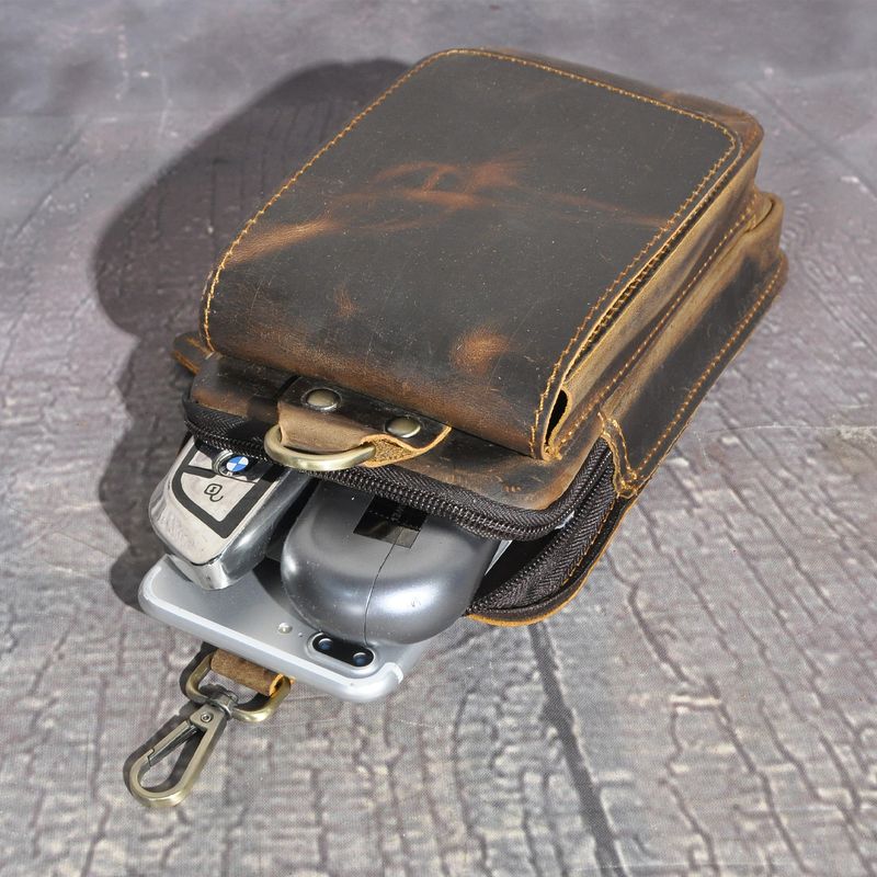 Head layer Crazy Horse Leather Cowhide Men's Trendy Cool Phone Camera Outdoor 6-inch Small Waist Bag with Hook 1609_voghion.com