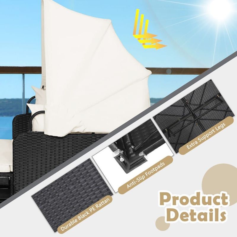 Patio Rattan Daybed With Retractable Canopy And Side Tables_voghion.com