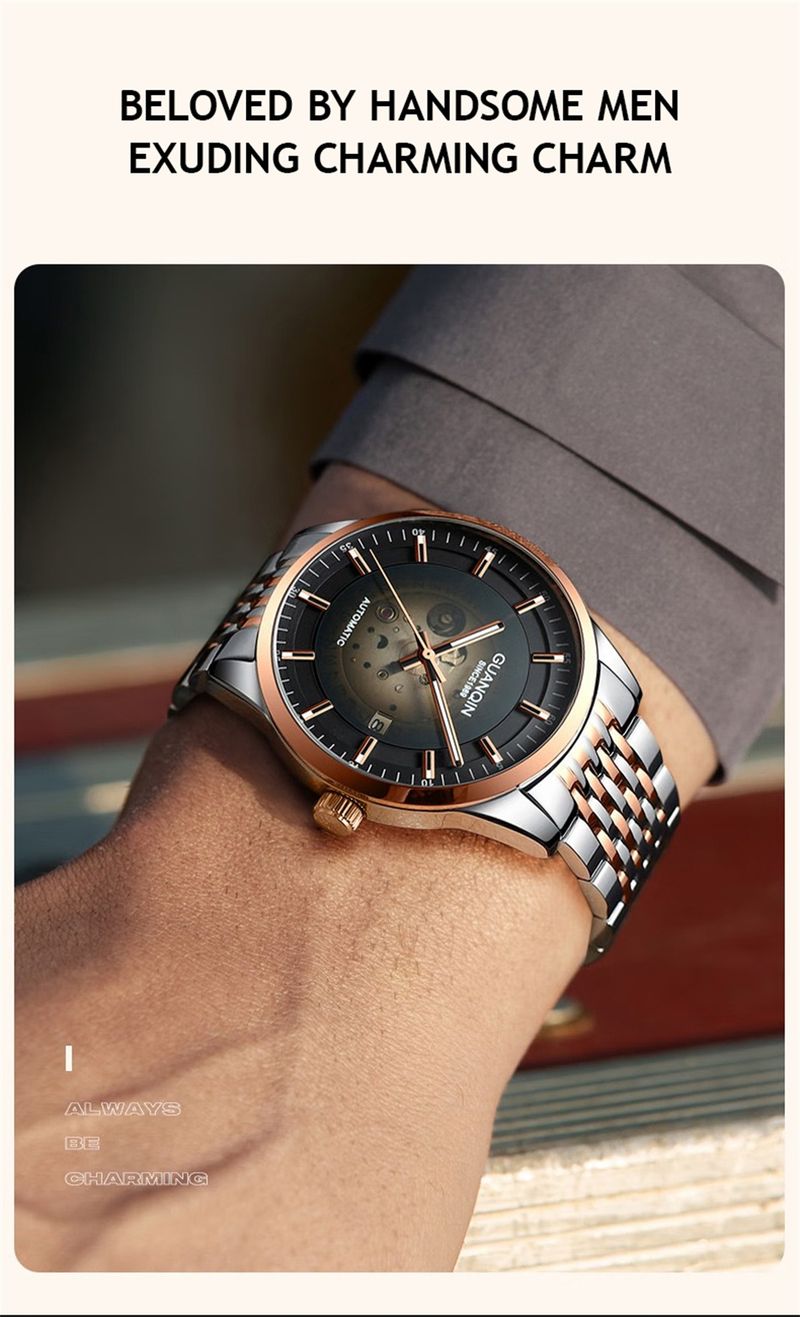 Orologio da uomo di lusso GUANQIN in acciaio inossidabile con data e movimento meccanico automatico giapponese Miyota._voghion.com