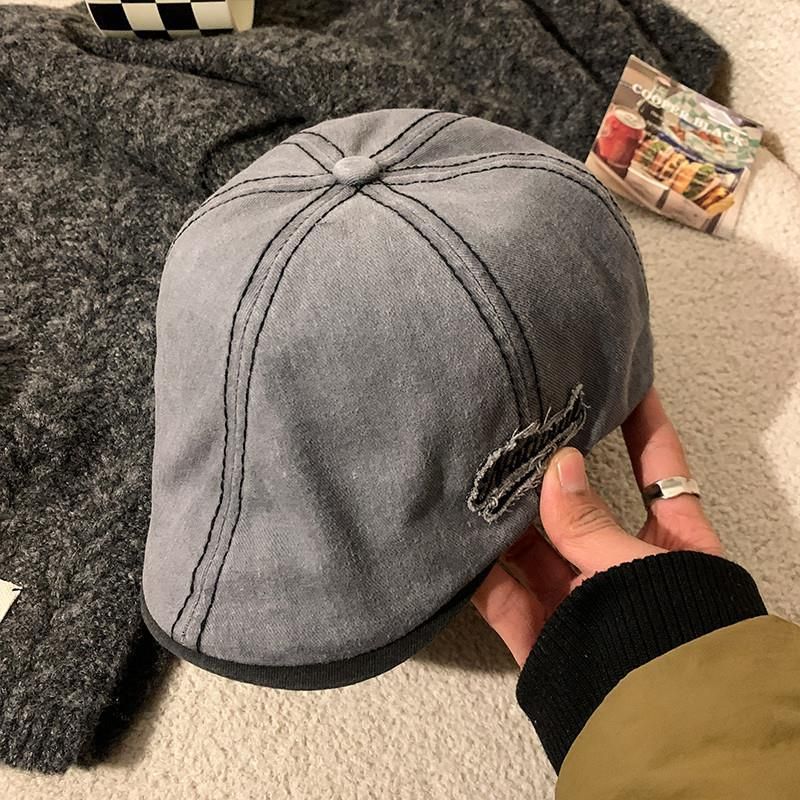 Berretto in denim lavato da donna, basco reversibile, versatile, con ampia circonferenza della testa, stile artistico._voghion.com