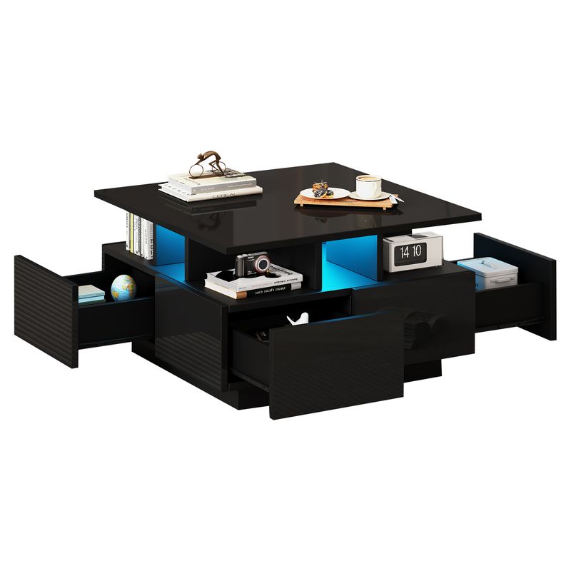Table basse de salon noire brillante 70 x 70 x 40 cm avec éclairage LED, table d'appoint à 4 tiroirs, design géométrique, capacité de charge de 30 kg._voghion.com