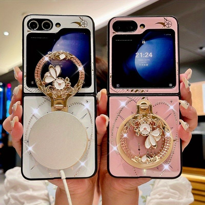Magnetischer Kickstand Niedlich Bling Glitzer Marmor Floral Elegante Handyhülle für Samsung Galaxy Z Flip 7 6 5 4 Flip6 Flip5_voghion.com