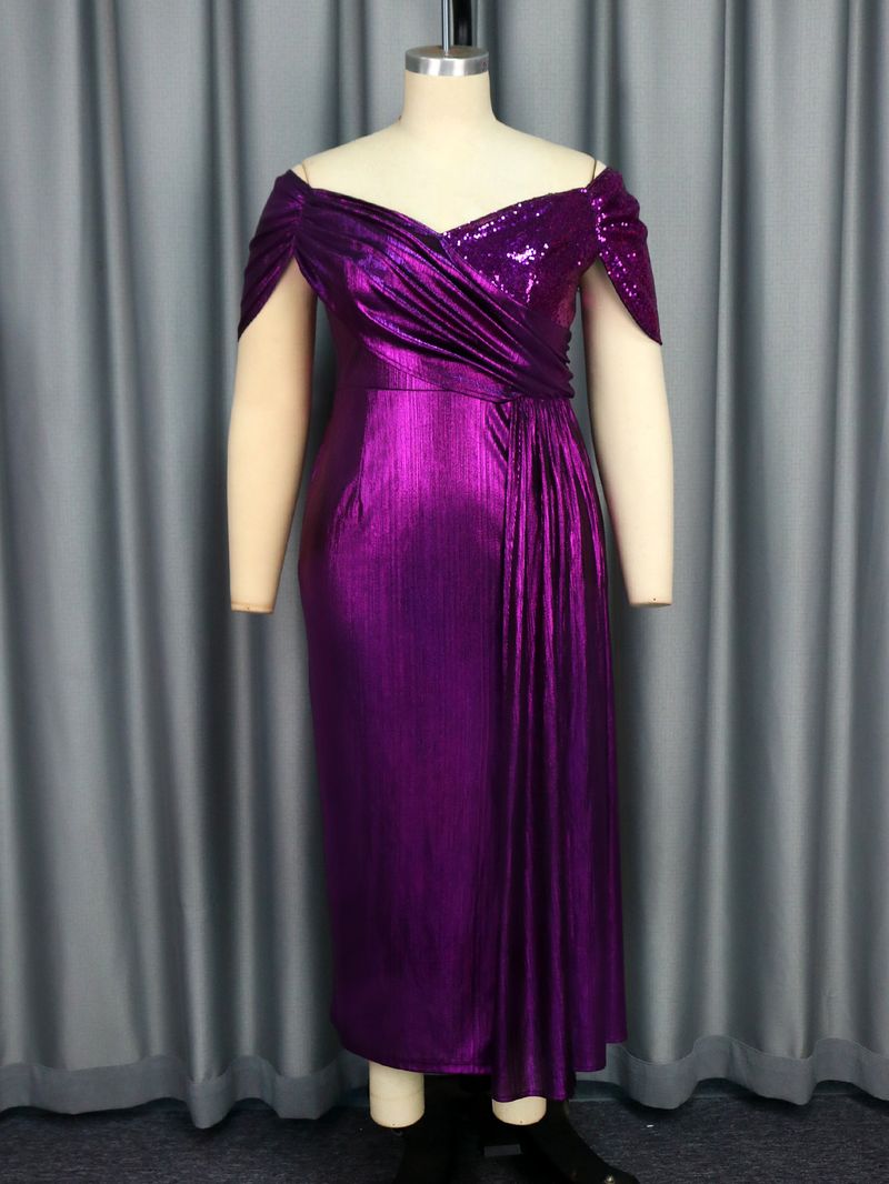 Women's Clothing New Off Shoulder V Neck Banquet Evening Dress Evening Party Pleated Small Sleeve Cover Dresses_voghion.com