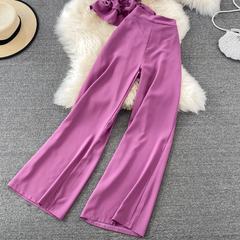 Pantalon décontracté pour femmes, taille haute, drapé, jambes larges, ensemble deux pièces, col carré, chemise courte et slim_voghion.com