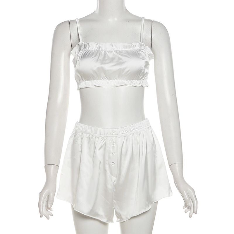 Damenbekleidung Neuer sexy süßer Pyjama mit Schnürung und Hosenträgern, einfarbig, hoch taillierter Shorts-Anzug mit Rüschen_voghion.com