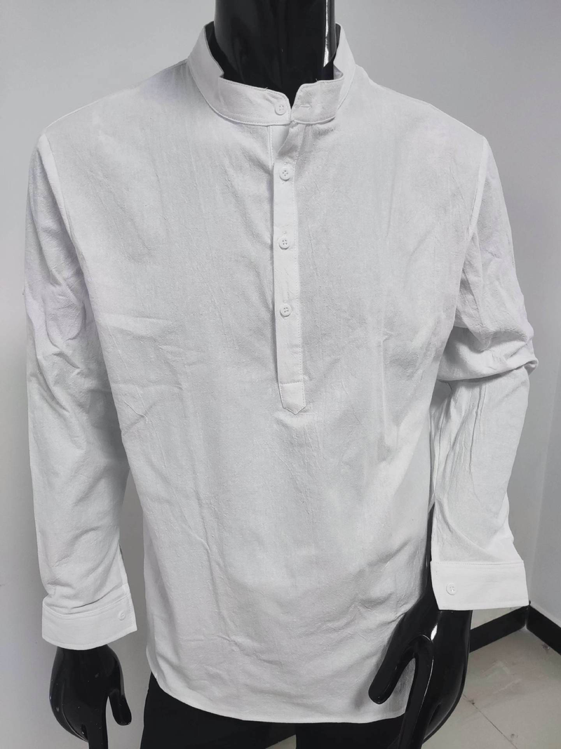 Camicie casual da uomo in cotone e lino tinta unita a maniche lunghe, larghe e con collo alto_voghion.com