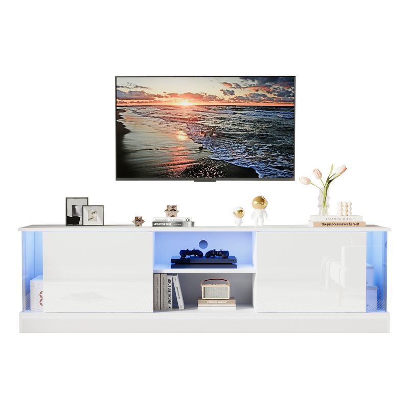 Meuble TV blanc brillant pour téléviseurs jusqu'à 70 pouces, console multimédia sur pied avec éclairage LED, centre de divertissement pour salon_voghion.com