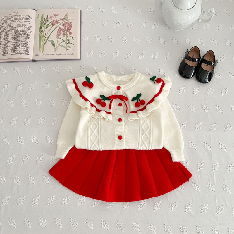 Pull tricoté pour filles, manteau, jupe courte, princesse, ensemble deux pièces cerise, nouvelle collection automne/hiver 2023_voghion.com