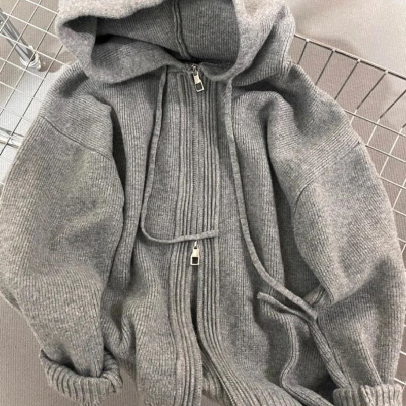 Grauer Kapuzenpullover für Mädchen und Damen, lockere Passform, geeignet für Frühling, Herbst und Winter, lässiger Stil, dick gestrickt, doppelt_voghion.com