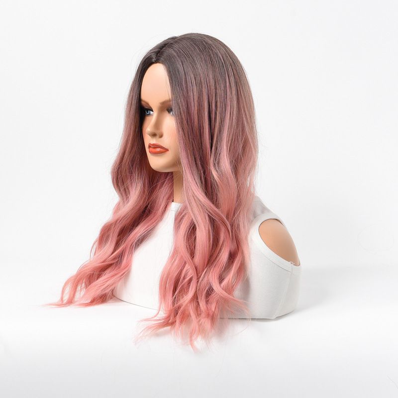 Midterskilning langt krøllet hår uden pandehår pink gradientparyk kvindelig paryk højtemperatur silke rose net_voghion.com